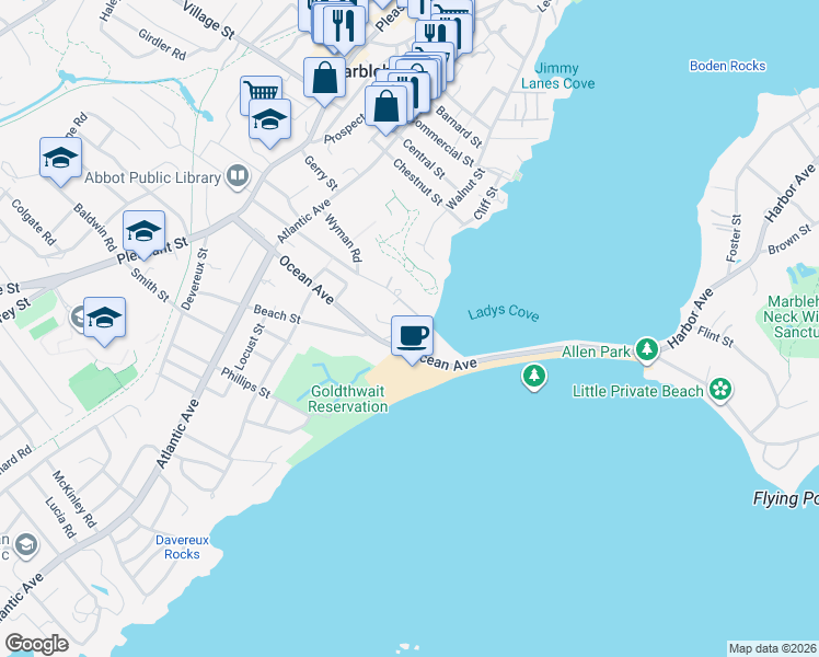 map of restaurants, bars, coffee shops, grocery stores, and more near 100 Ocean Avenue in Marblehead