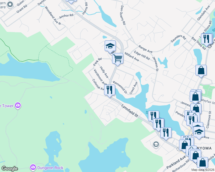 map of restaurants, bars, coffee shops, grocery stores, and more near 6 Colonial Avenue in Lynn