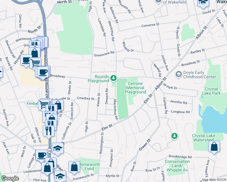 map of restaurants, bars, coffee shops, grocery stores, and more near 40 Macarthur Road in Stoneham