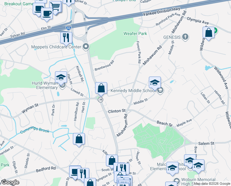 map of restaurants, bars, coffee shops, grocery stores, and more near 26 Newbury Street in Woburn