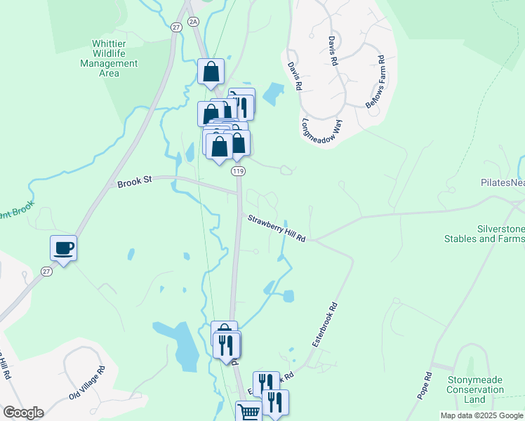 map of restaurants, bars, coffee shops, grocery stores, and more near 13 Strawberry Hill Road in Acton