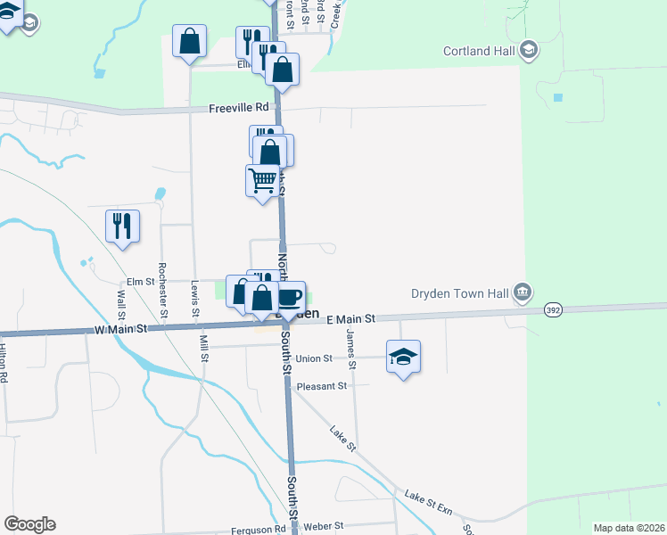 map of restaurants, bars, coffee shops, grocery stores, and more near 19 East Main Street in Cortland
