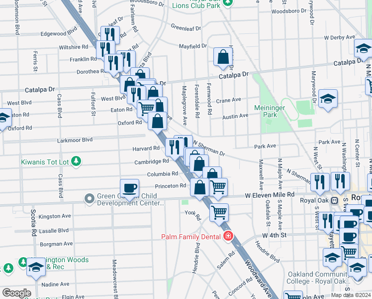 map of restaurants, bars, coffee shops, grocery stores, and more near 433 Cambridge Road in Royal Oak