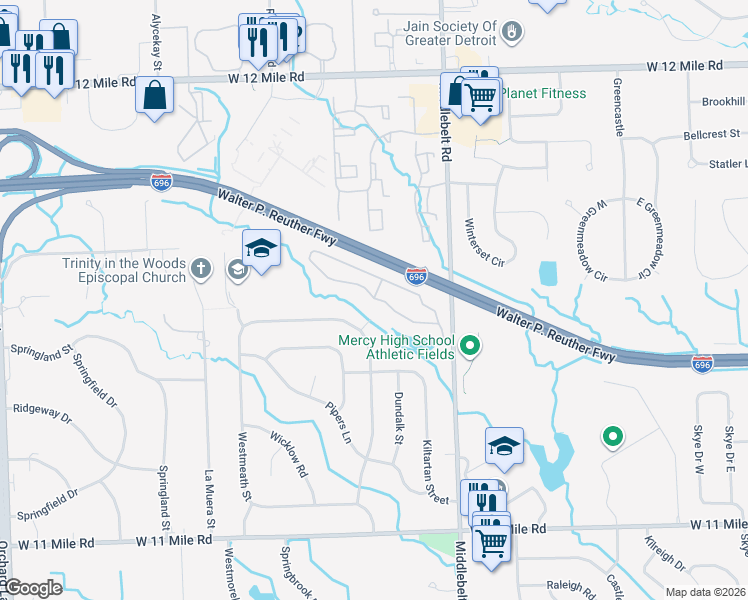 map of restaurants, bars, coffee shops, grocery stores, and more near 26526 Badalament Court in Farmington Hills