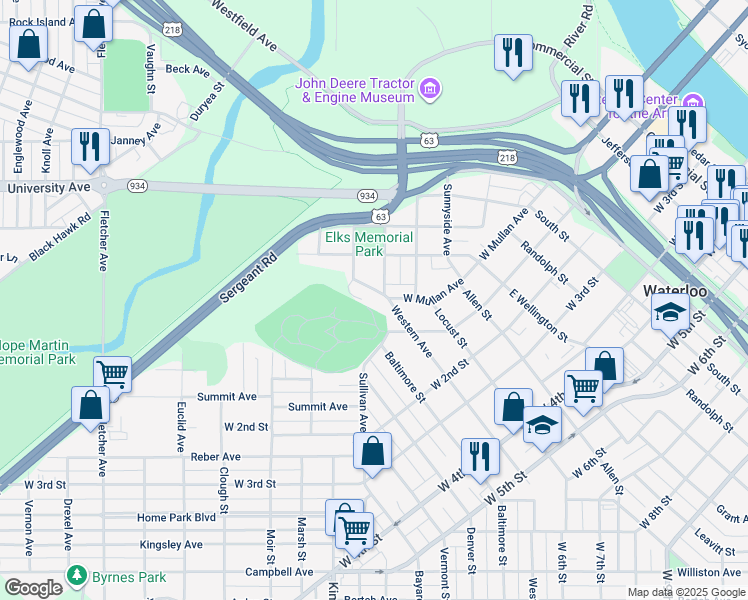 map of restaurants, bars, coffee shops, grocery stores, and more near 226 Elmwood Street in Waterloo