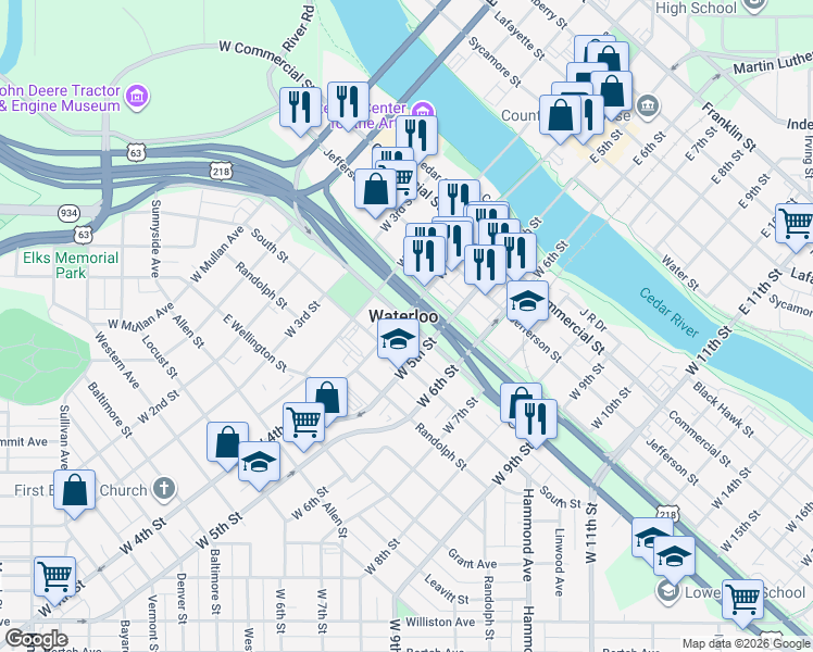 map of restaurants, bars, coffee shops, grocery stores, and more near 501 West 4th Street in Waterloo
