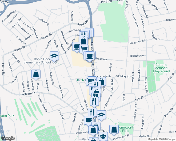 map of restaurants, bars, coffee shops, grocery stores, and more near 159 Main Street in Stoneham