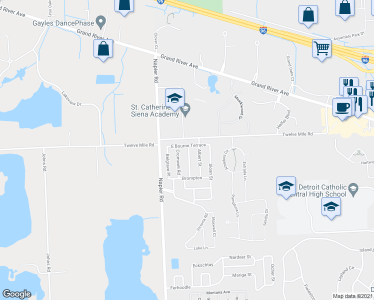 map of restaurants, bars, coffee shops, grocery stores, and more near 27647 Harrington Way in Novi