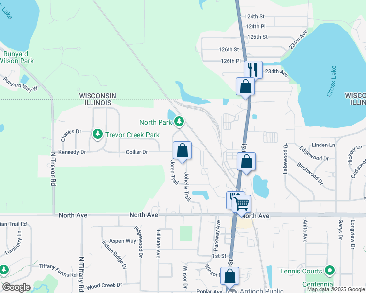 map of restaurants, bars, coffee shops, grocery stores, and more near 376 Johelia Trail in Antioch