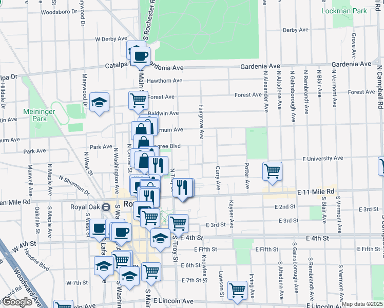 map of restaurants, bars, coffee shops, grocery stores, and more near 404 Virginia Avenue in Royal Oak