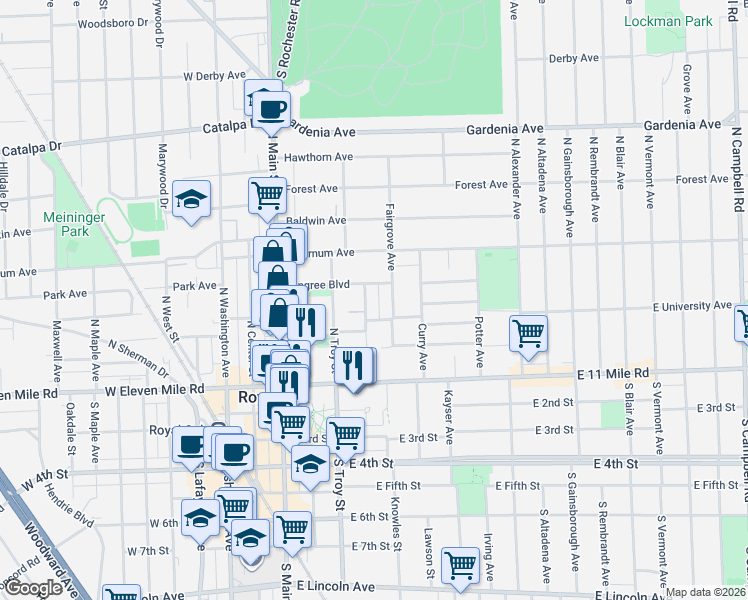 map of restaurants, bars, coffee shops, grocery stores, and more near 404 Virginia Avenue in Royal Oak