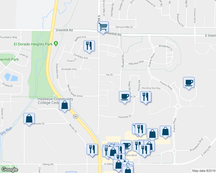 map of restaurants, bars, coffee shops, grocery stores, and more near 5018 South Main Street in Cedar Falls