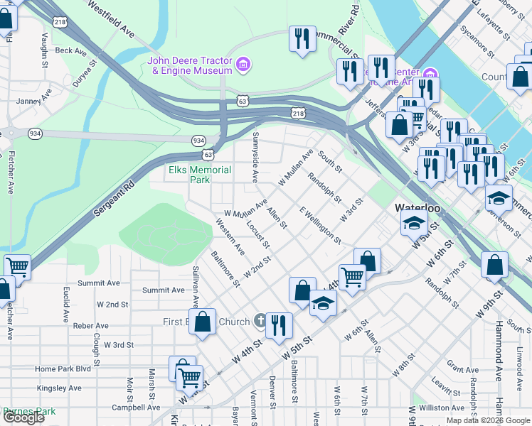 map of restaurants, bars, coffee shops, grocery stores, and more near 928 West 1st Street in Waterloo