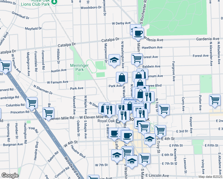 map of restaurants, bars, coffee shops, grocery stores, and more near 419 Park Avenue in Royal Oak