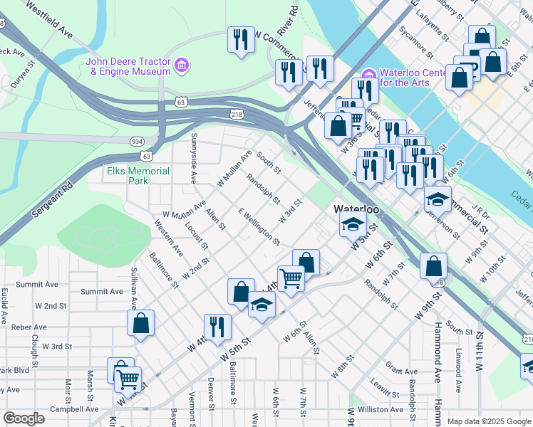 map of restaurants, bars, coffee shops, grocery stores, and more near 731 West 3rd Street in Waterloo