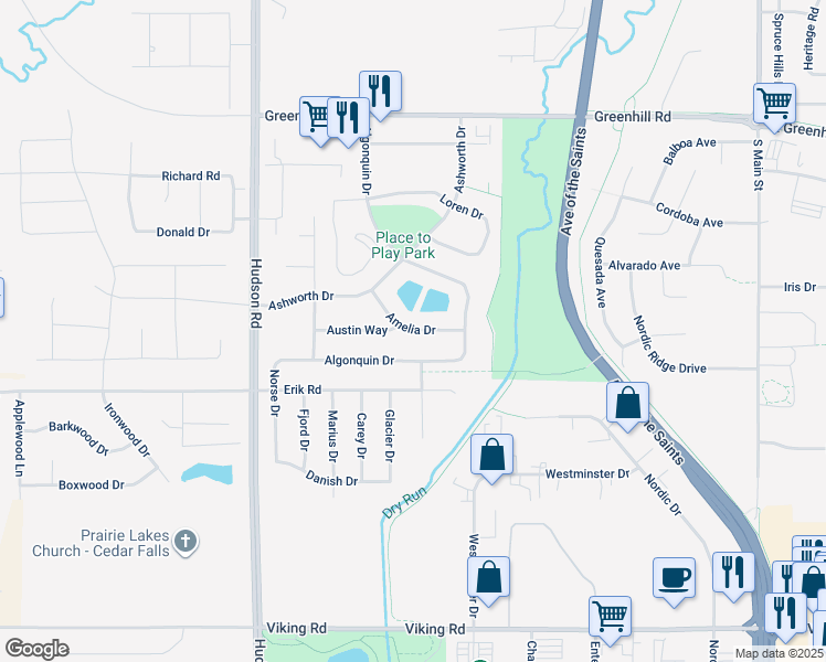 map of restaurants, bars, coffee shops, grocery stores, and more near 1219 Algonquin Drive in Cedar Falls
