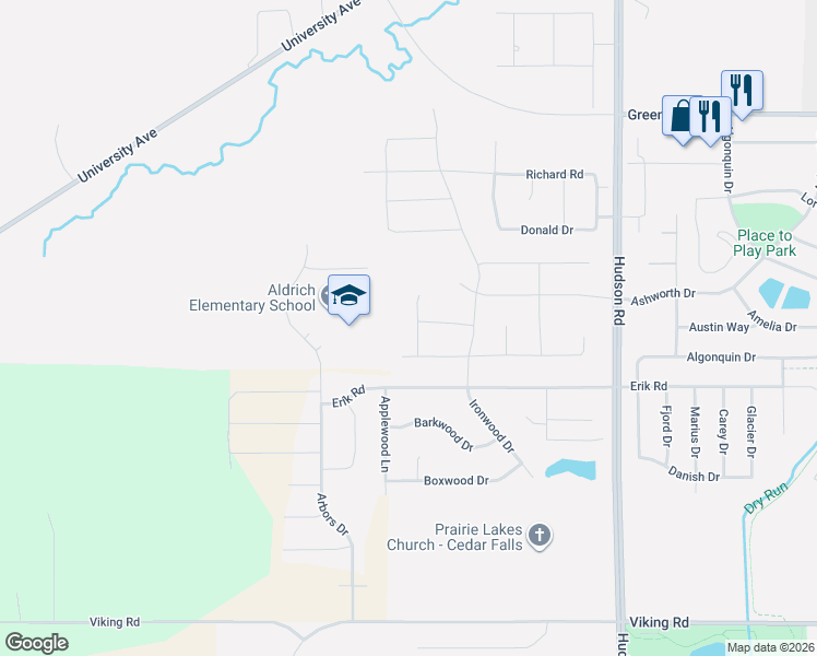 map of restaurants, bars, coffee shops, grocery stores, and more near 2323 Erik Road in Cedar Falls