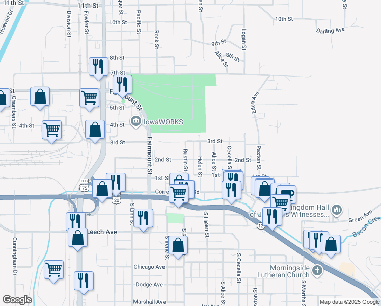 map of restaurants, bars, coffee shops, grocery stores, and more near 121 Helen Street in Sioux City