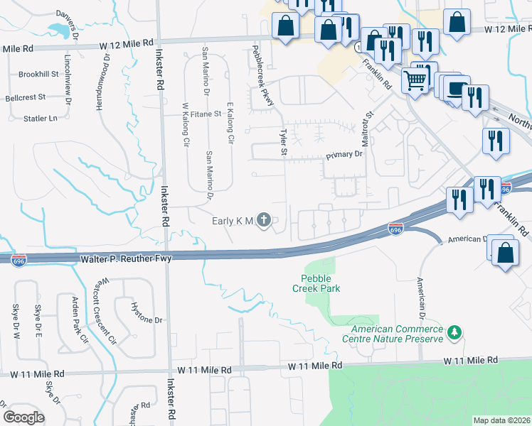 map of restaurants, bars, coffee shops, grocery stores, and more near 26941 Pebblestone Street in Southfield