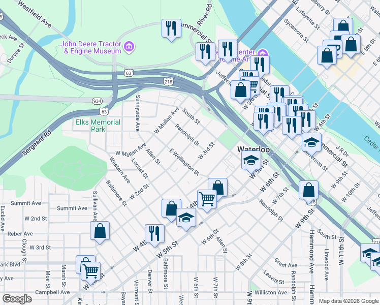 map of restaurants, bars, coffee shops, grocery stores, and more near 731 West 3rd Street in Waterloo