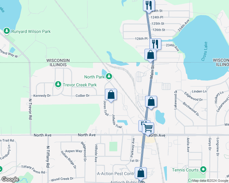 map of restaurants, bars, coffee shops, grocery stores, and more near 404 Donin Drive in Antioch