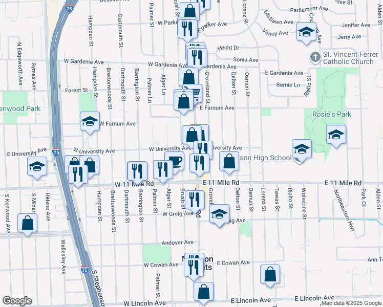 map of restaurants, bars, coffee shops, grocery stores, and more near 27066 Brush Street in Madison Heights