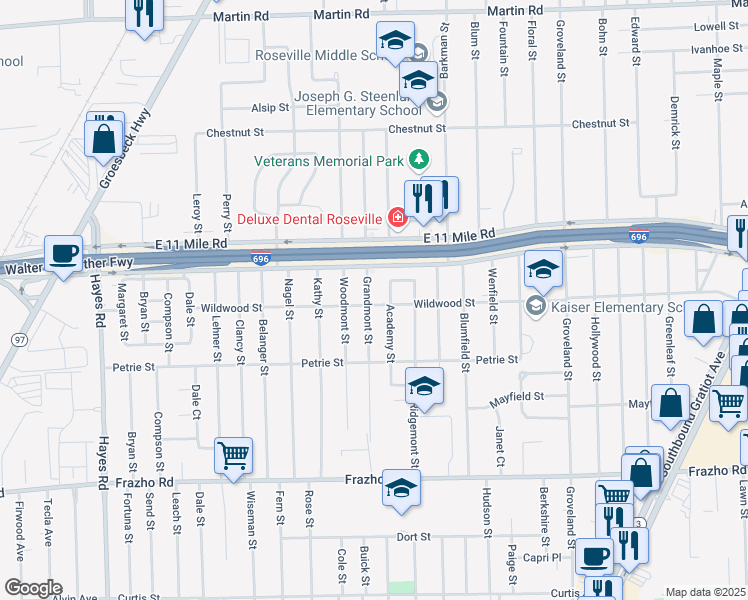 map of restaurants, bars, coffee shops, grocery stores, and more near 26700 Grandmont Street in Roseville