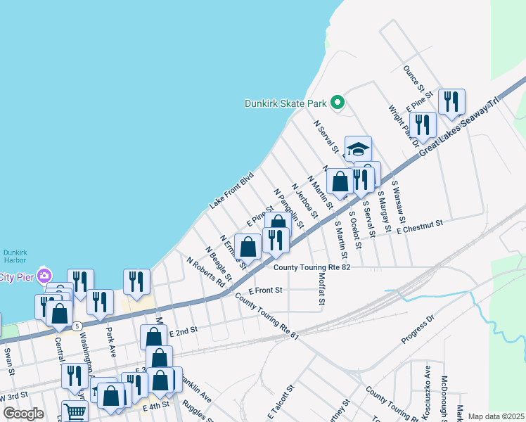 map of restaurants, bars, coffee shops, grocery stores, and more near 22 Leming Street in Dunkirk