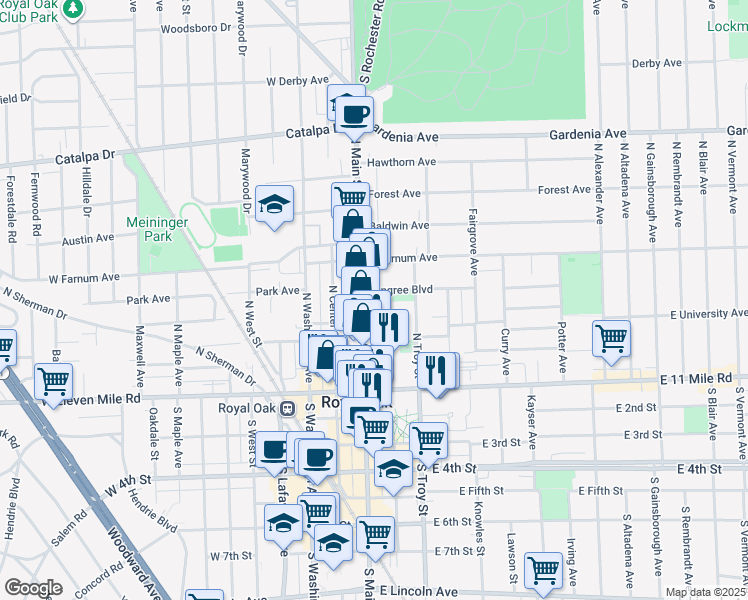 map of restaurants, bars, coffee shops, grocery stores, and more near 400 North Main Street in Royal Oak