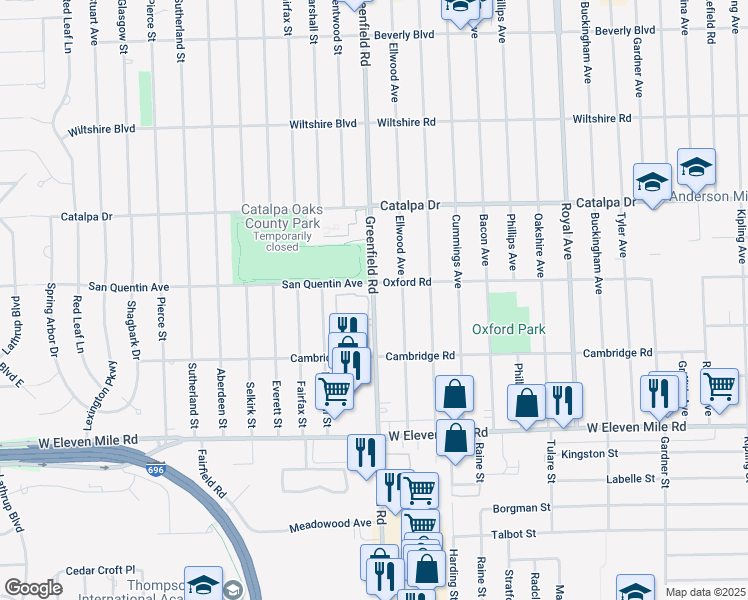 map of restaurants, bars, coffee shops, grocery stores, and more near 2172 Greenfield Road in Berkley