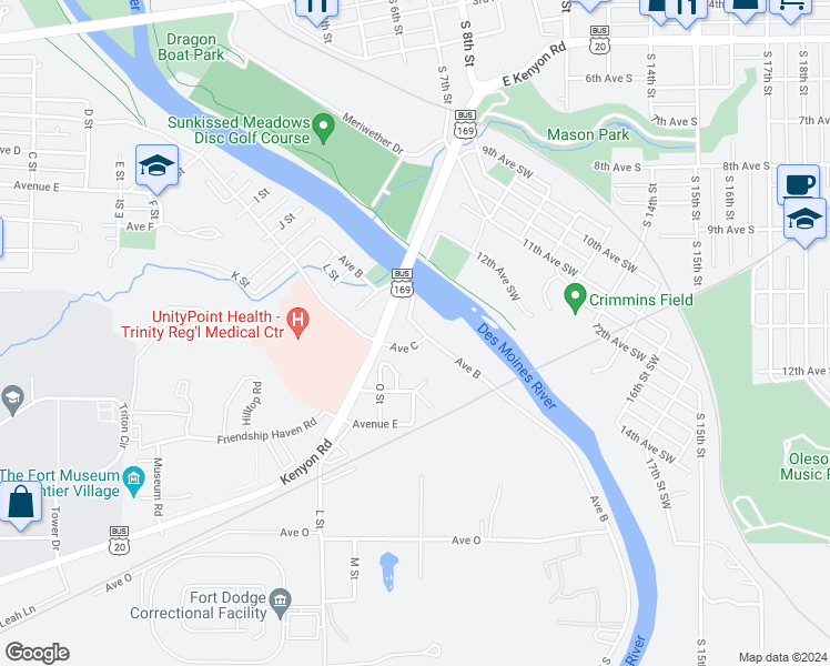 map of restaurants, bars, coffee shops, grocery stores, and more near 1353 Avenue C in Fort Dodge