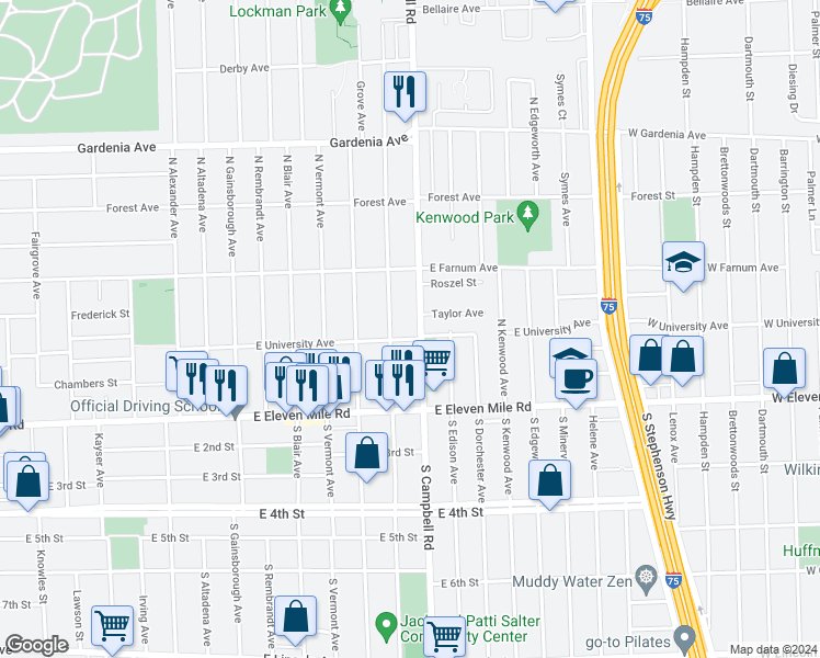 map of restaurants, bars, coffee shops, grocery stores, and more near 307 North Campbell Road in Royal Oak
