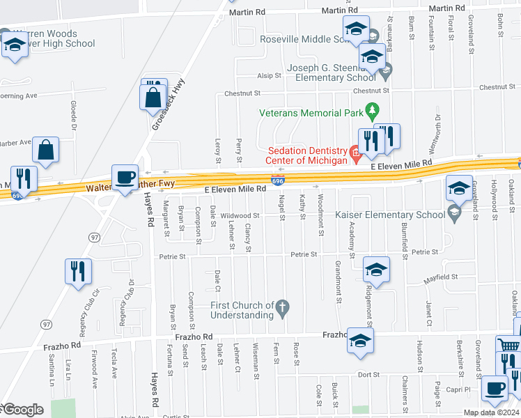 map of restaurants, bars, coffee shops, grocery stores, and more near 26711 Belanger Street in Roseville