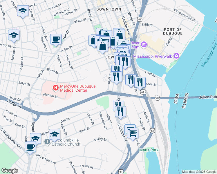 map of restaurants, bars, coffee shops, grocery stores, and more near 11 Bluff Street in Dubuque