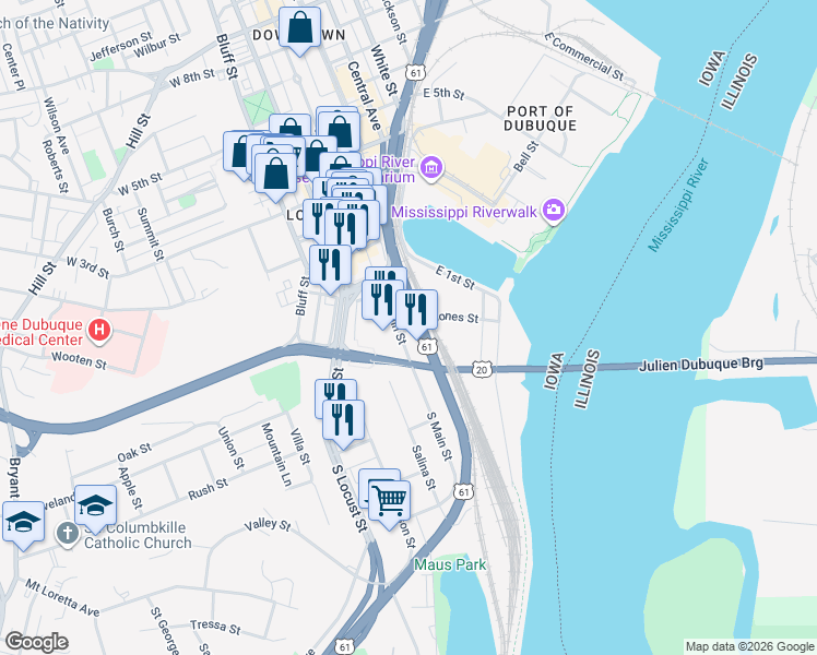 map of restaurants, bars, coffee shops, grocery stores, and more near Jones Street in Dubuque