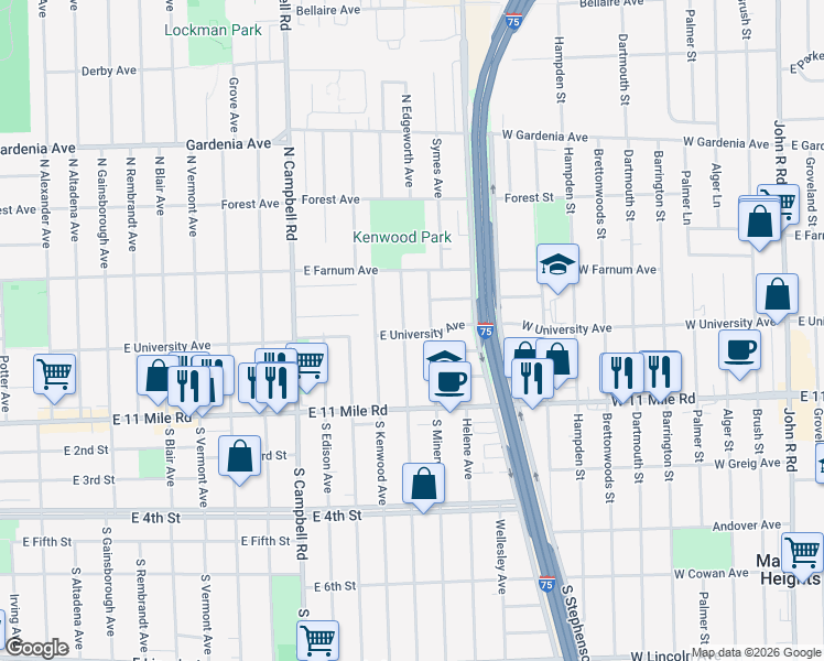 map of restaurants, bars, coffee shops, grocery stores, and more near 225 North Minerva Avenue in Royal Oak