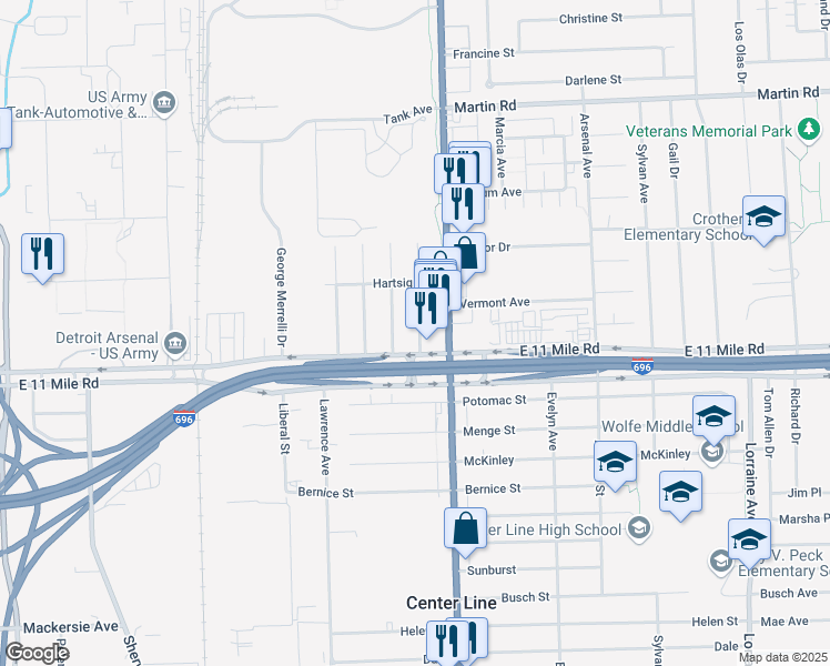 map of restaurants, bars, coffee shops, grocery stores, and more near 27107 Seyburn Avenue in Warren