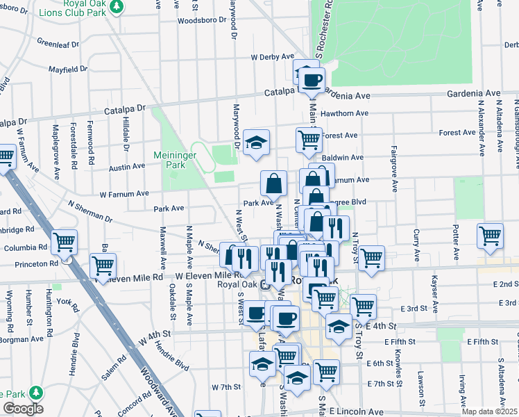 map of restaurants, bars, coffee shops, grocery stores, and more near 406 Oakland Avenue in Royal Oak