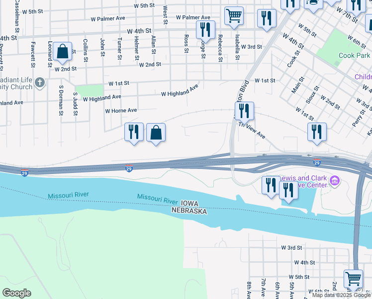 map of restaurants, bars, coffee shops, grocery stores, and more near 1635 Zenith Drive in Sioux City