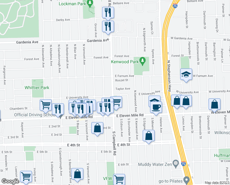 map of restaurants, bars, coffee shops, grocery stores, and more near 304 North Campbell Road in Royal Oak