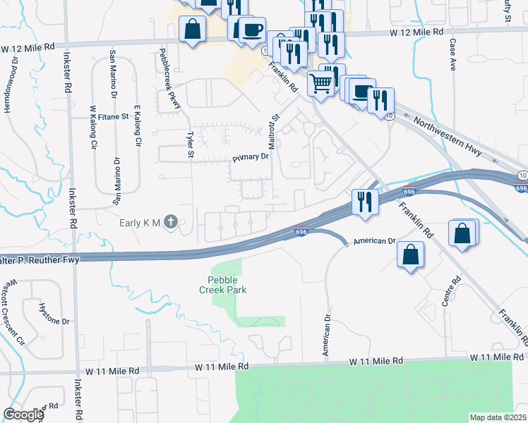 map of restaurants, bars, coffee shops, grocery stores, and more near 28004 Maitrott Street in Southfield