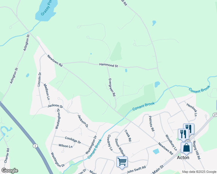 map of restaurants, bars, coffee shops, grocery stores, and more near 17 Evergreen Road in Acton