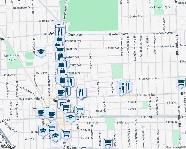map of restaurants, bars, coffee shops, grocery stores, and more near 512 Fairgrove Avenue in Royal Oak