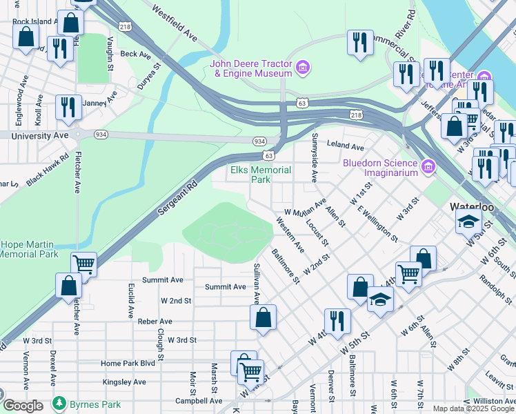 map of restaurants, bars, coffee shops, grocery stores, and more near 1229 West Mullan Avenue in Waterloo
