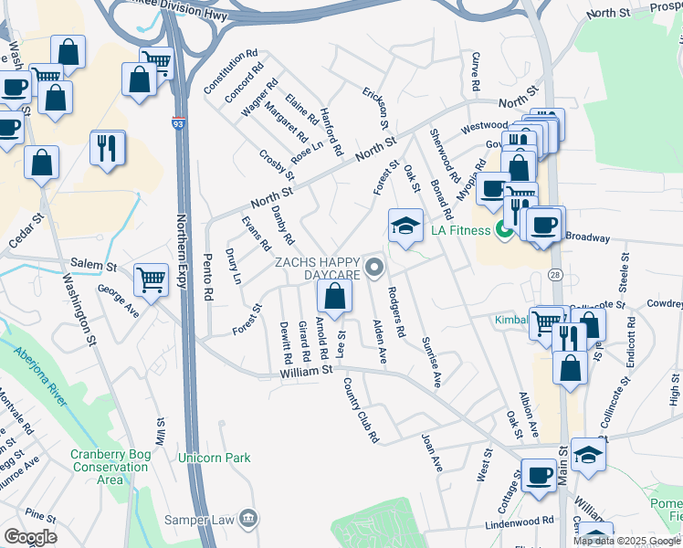 map of restaurants, bars, coffee shops, grocery stores, and more near 68 Forest Street in Stoneham