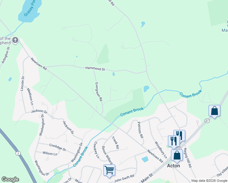 map of restaurants, bars, coffee shops, grocery stores, and more near 15 Balsam Drive in Acton