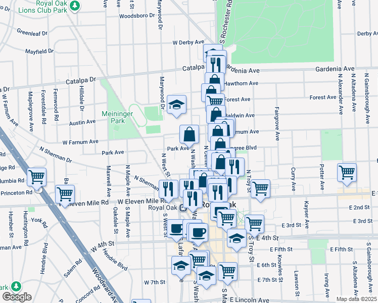 map of restaurants, bars, coffee shops, grocery stores, and more near 518 North Washington Avenue in Royal Oak