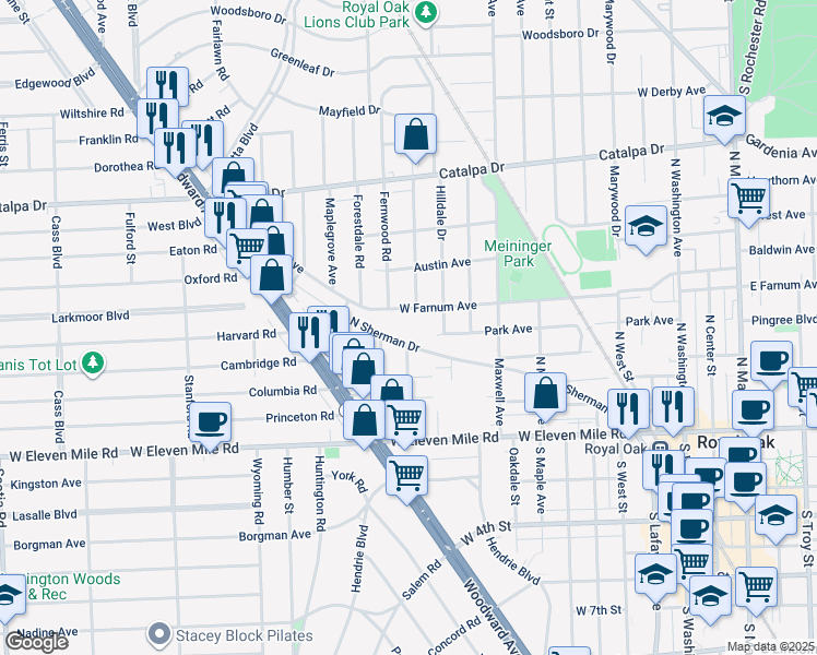 map of restaurants, bars, coffee shops, grocery stores, and more near 600 Lockwood Road in Royal Oak