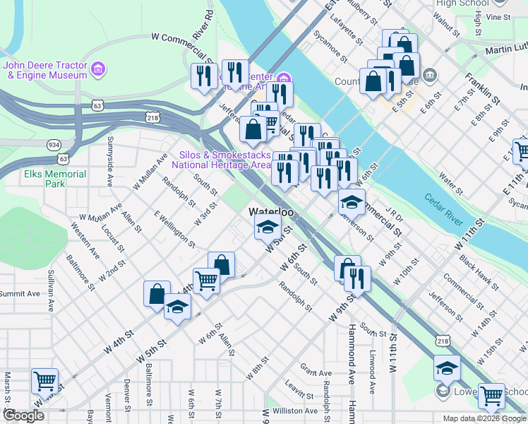 map of restaurants, bars, coffee shops, grocery stores, and more near in Waterloo