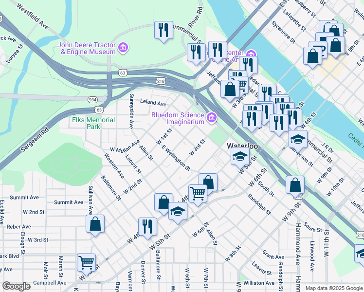 map of restaurants, bars, coffee shops, grocery stores, and more near 626 West 2nd Street in Waterloo